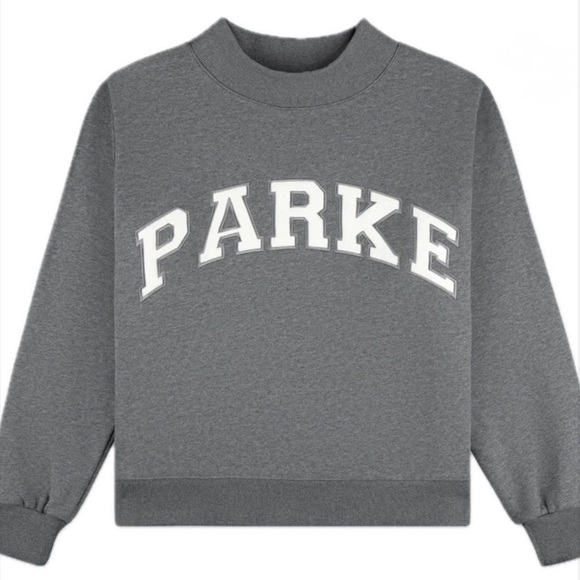 PARKE Varsity Fleece Mockneck Sweatshirt in Stormy Grey + White size L/XL EUC - Picture 11 of 12